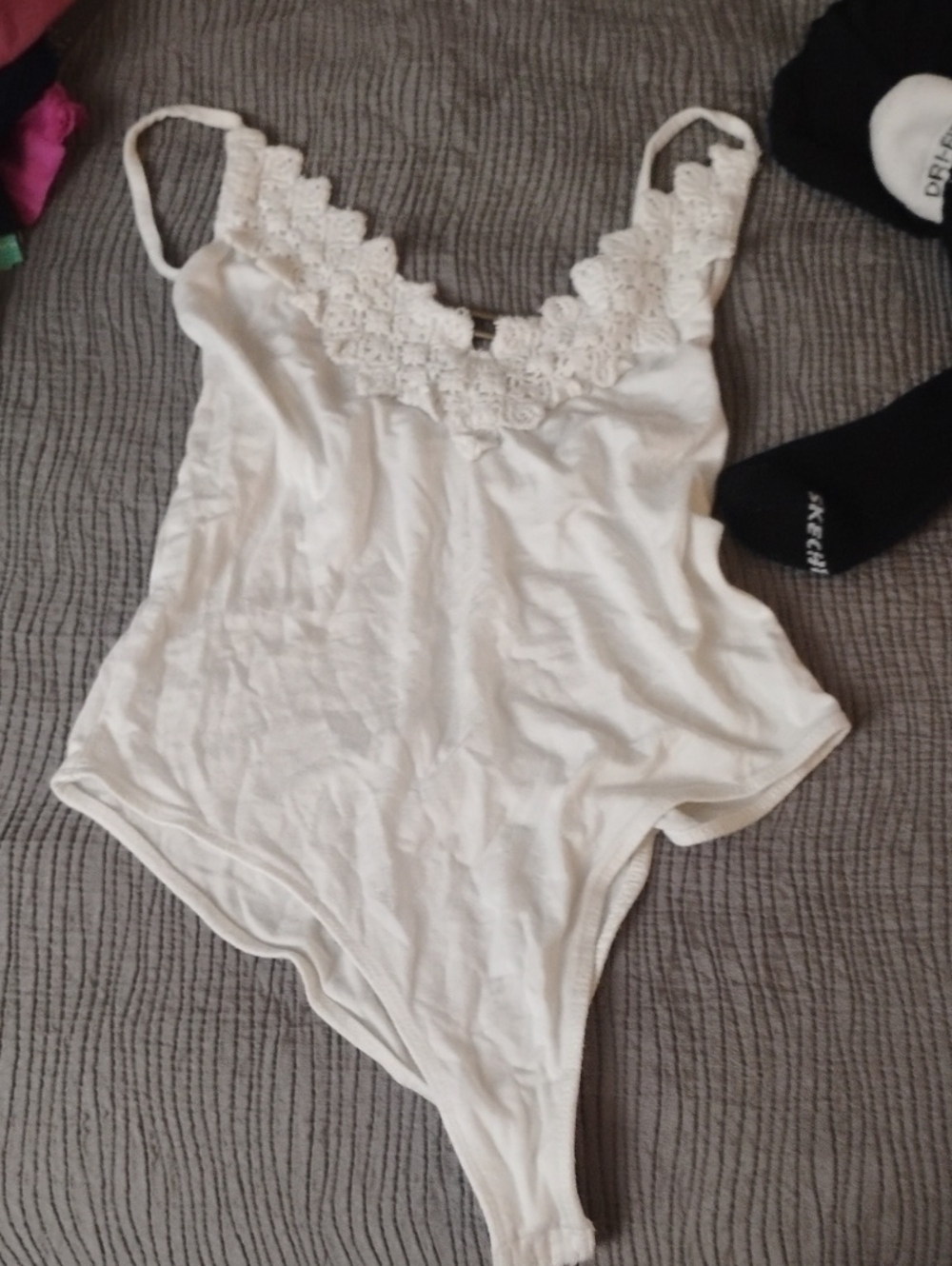 Women's White Crochet-Trim Tank Bodysuit
